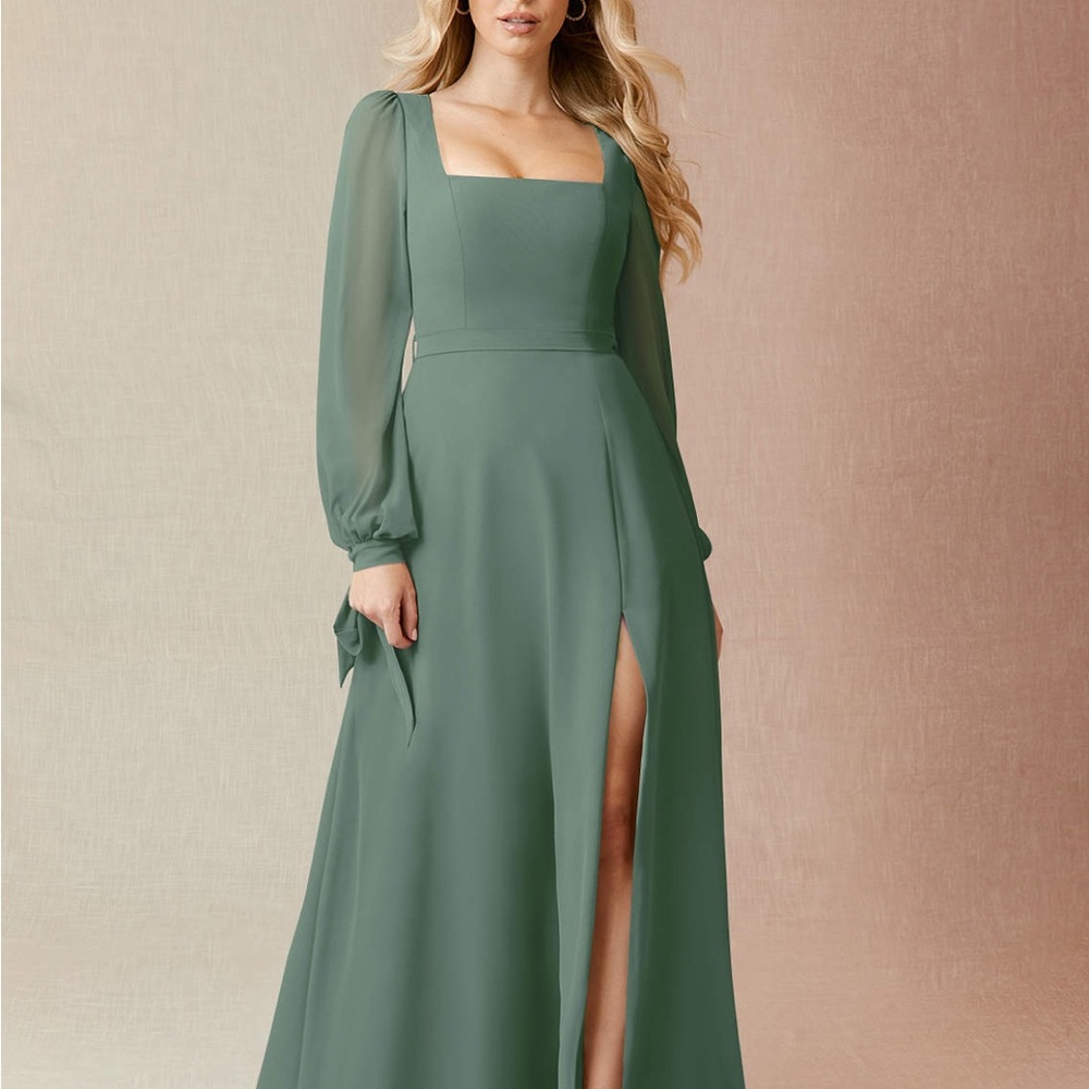Azazie Leonia Eucalyptus A-Line Long Sleeve Chiffon Dress Size A14